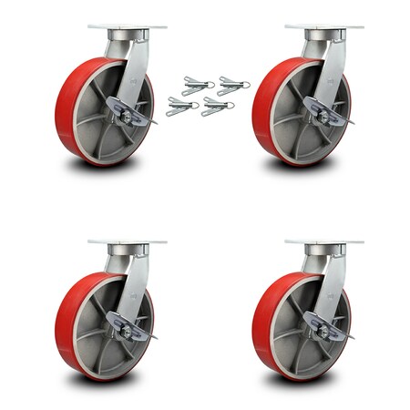 Service Caster 10 Inch Heavy Duty Red Poly on Cast Iron Caster Set with Brake and Swivel Lock SCC-KP92S1030-PUR-RS-SLB-BSL-4